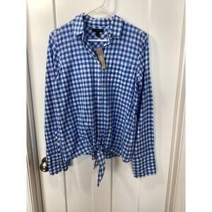 NWT J.CREW Women's Gingham Front Tie Button Down Boy Shirt Top Blue White 4 Tall